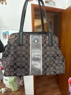Coach Brown Signature Canvas Shoulder Bag with Black Trim
